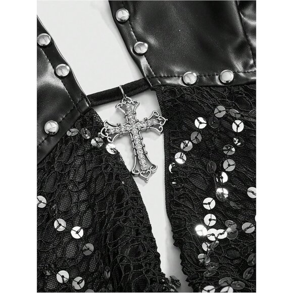 Women's Solid Black Gothic Grunge PU Leather Sparkly Halter V Neck Vest Crop Top - Picture 4 of 6